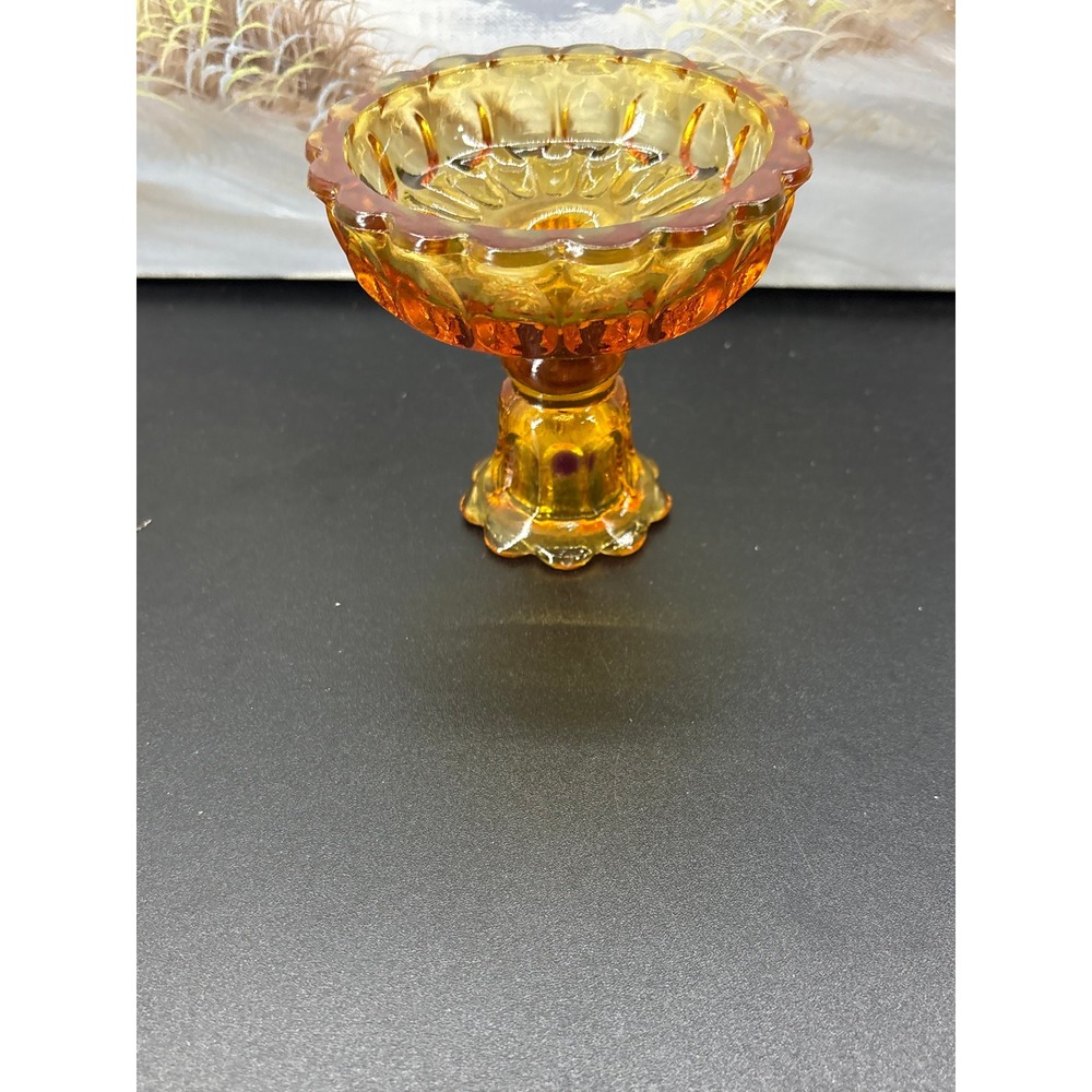 Vintage Amber Glass Compote Dish and Taper Candlestick Holder Set Scalloped Edge